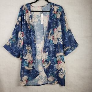 Olrain Size M Open Front Lightweight Duster Top Blue Oceanic Asian Print‎ NWT